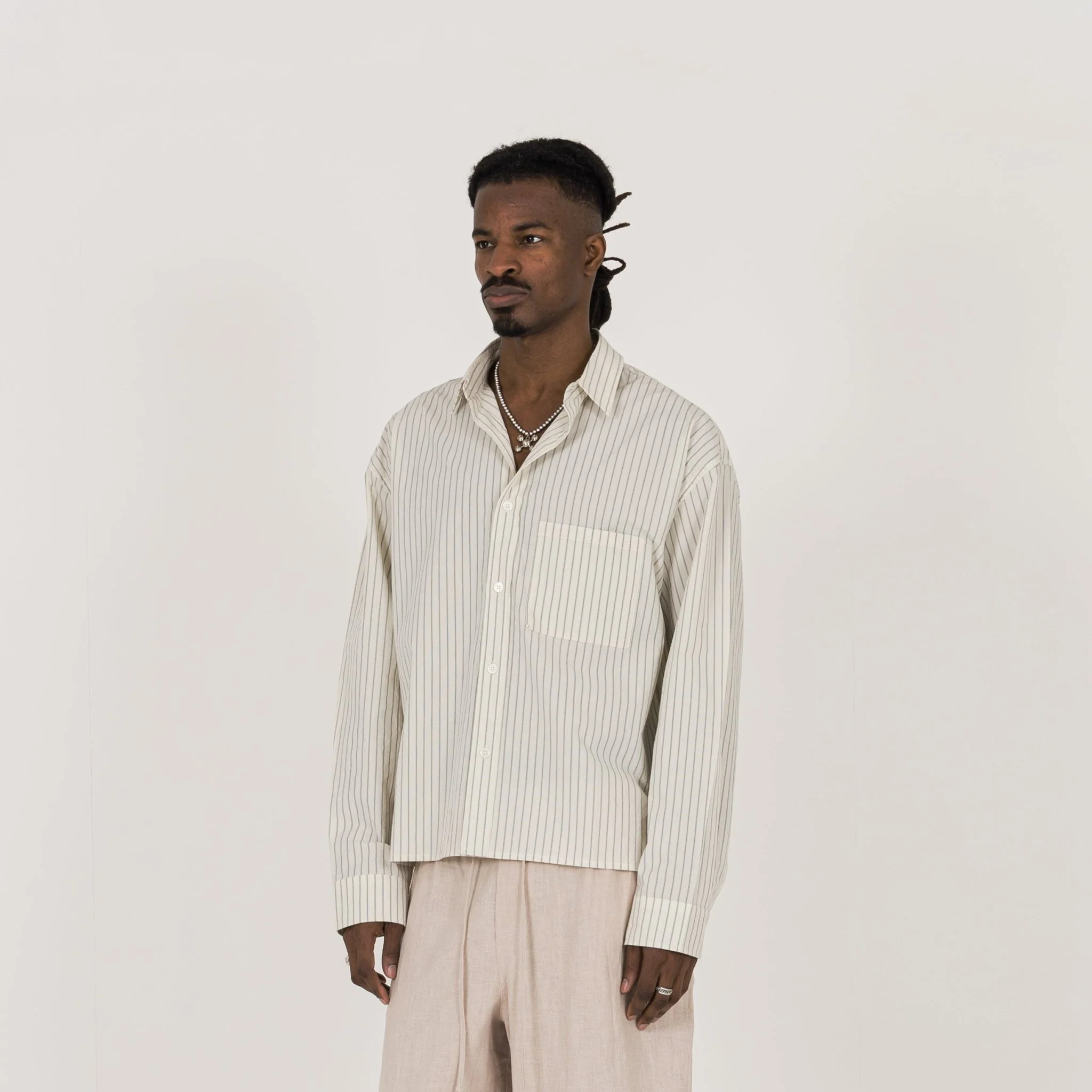 Cropped Long Sleeve Shirt - Bone Pinstripe - Image 3