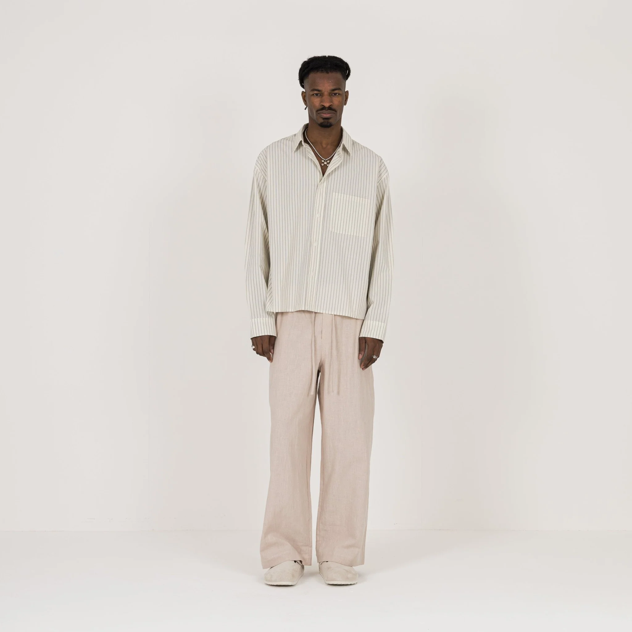 Cropped Long Sleeve Shirt - Bone Pinstripe - Image 4