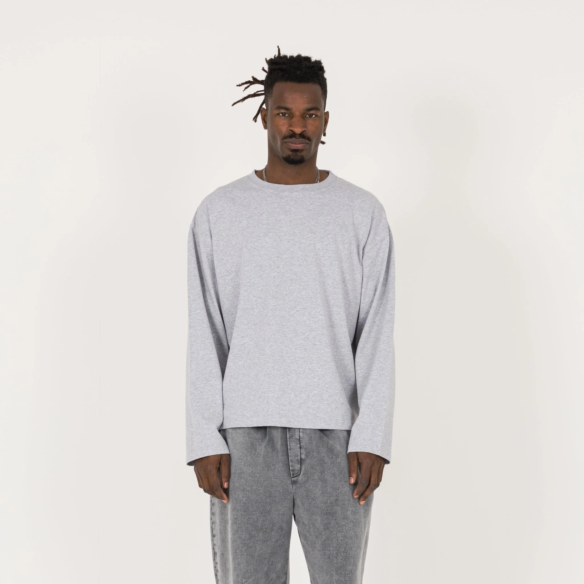 Cropped Long Sleeve T-Shirt - Light Marl Grey - Image 2