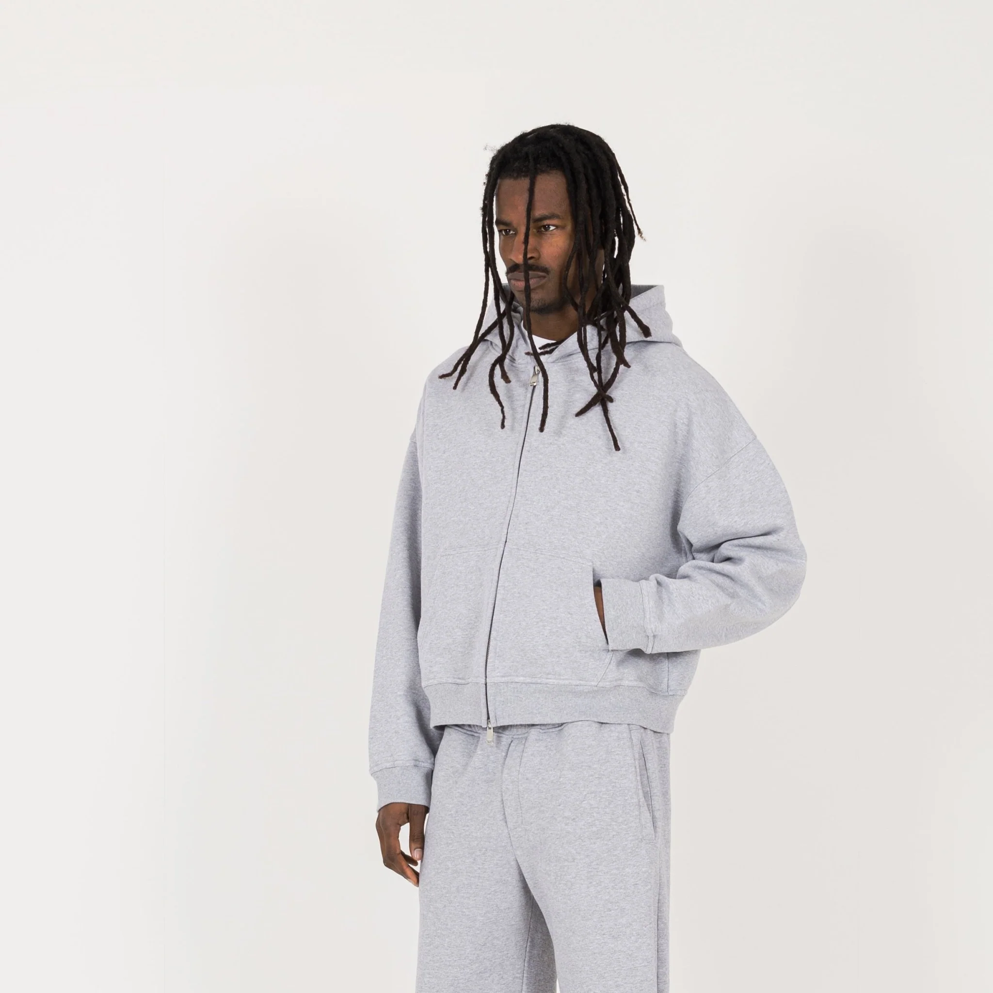 Cropped Zip Hoodie - Light Marl Grey - Image 3