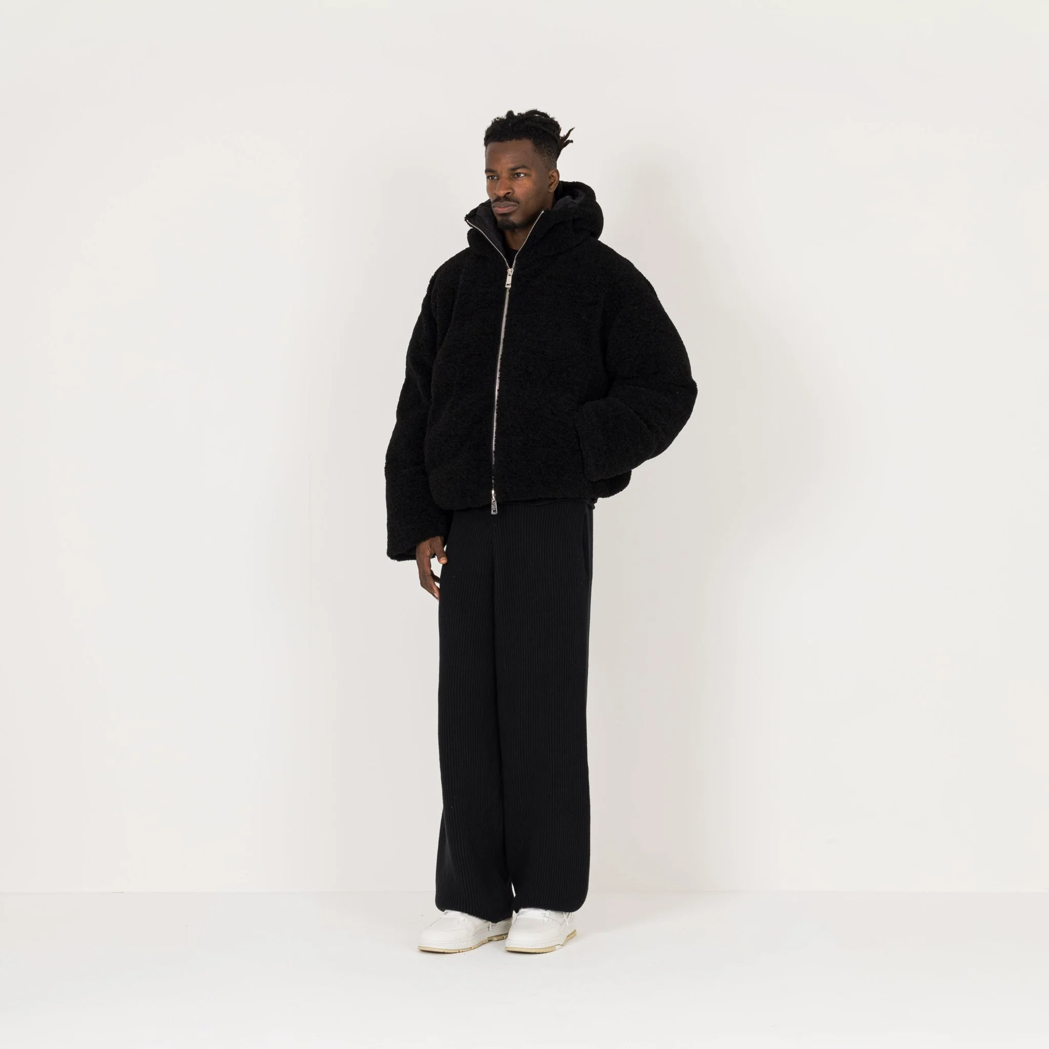 Fleece Puffer Jacket - Black - Image 5