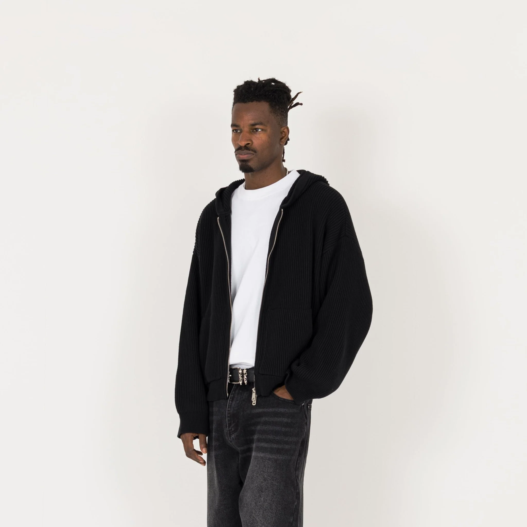 Ribbed Zip Hoodie - Black - Image 3