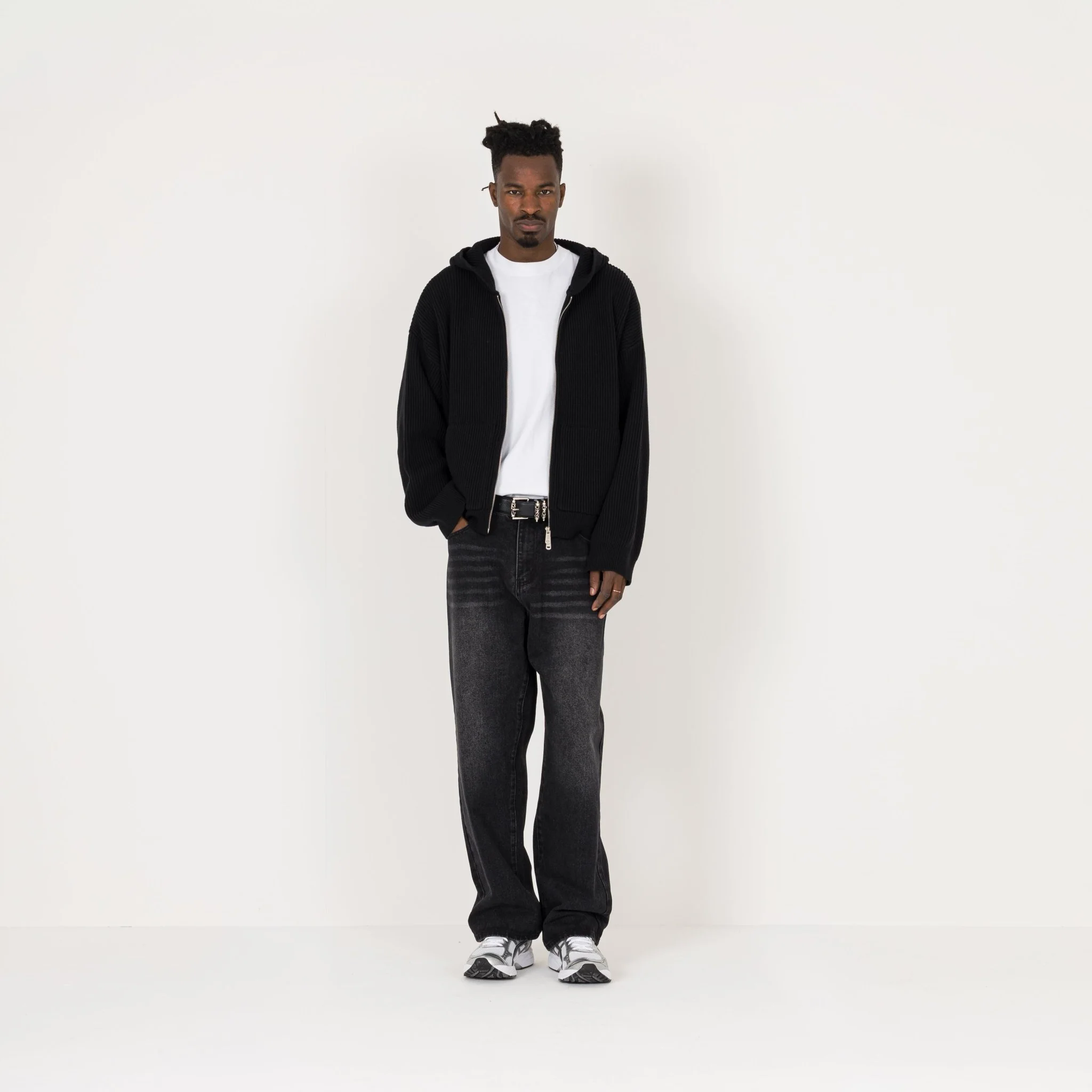 Ribbed Zip Hoodie - Black - Image 4