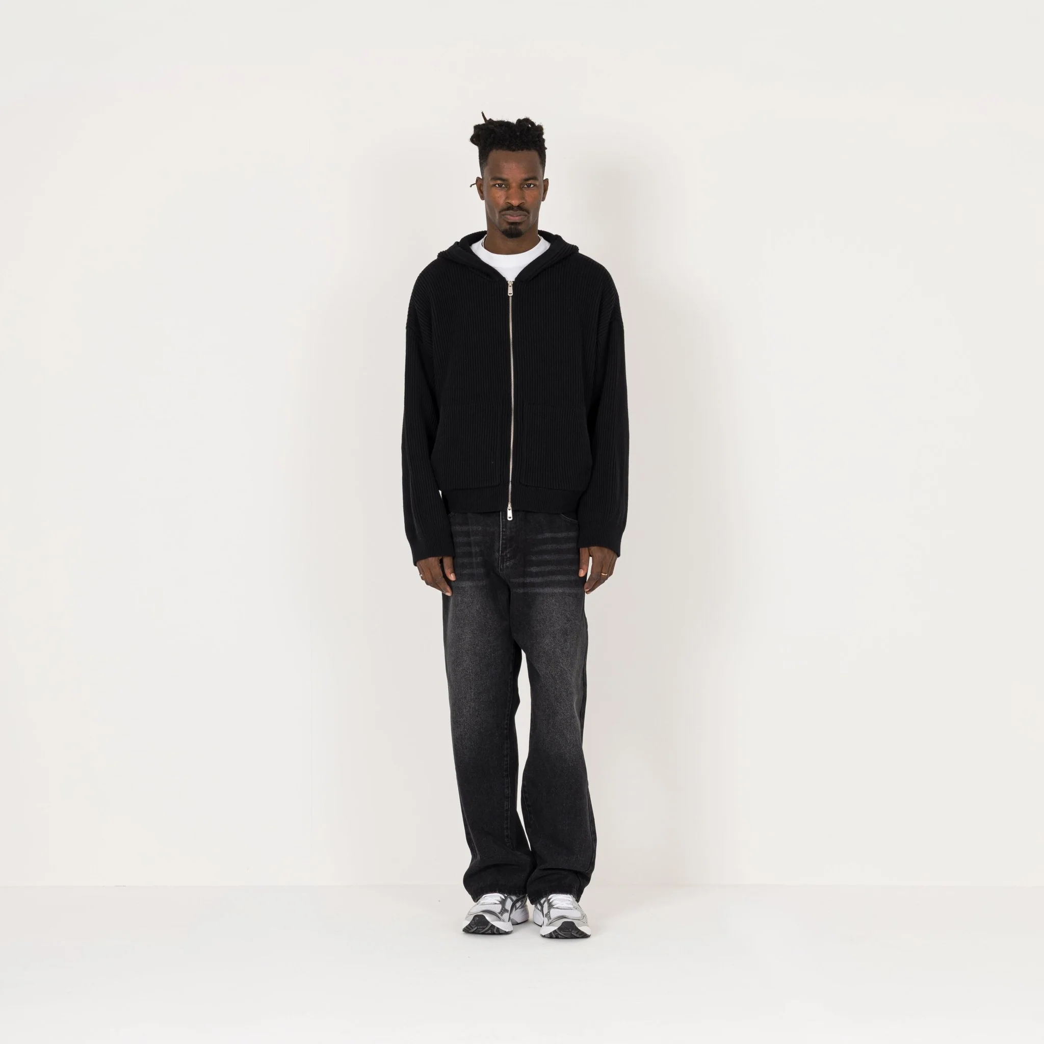 Ribbed Zip Hoodie - Black - Image 8